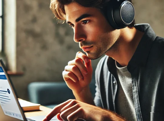 dall·e 2024 08 14 15.59.16 a person sitting in front of a laptop, focused on the screen while taking a hearing test. they are wearing headphones and have one finger poised over