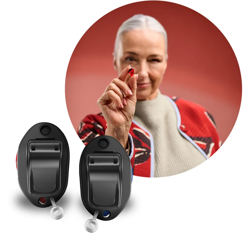 insio ix woman holding hearing aid circle montage 1000x1000